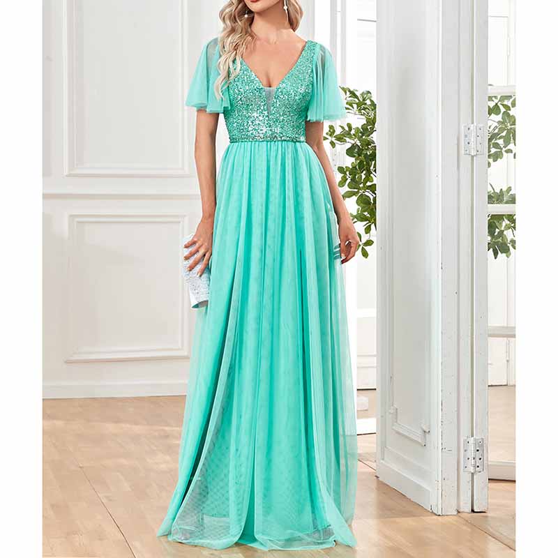 Women's Plus Size V-Neck Sparkle Evening Dresses with Short Sleeves