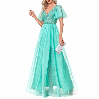 Women's Plus Size V-Neck Sparkle Evening Dresses with Short Sleeves