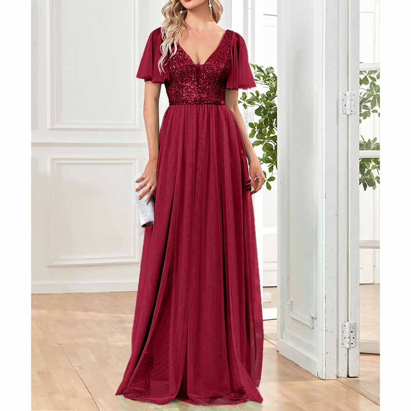 Women's Plus Size V-Neck Sparkle Evening Dresses with Short Sleeves