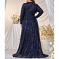 Long Sleeve Prom Dress Navy Blue Sequin V Neck Slipt Maxi Dress
