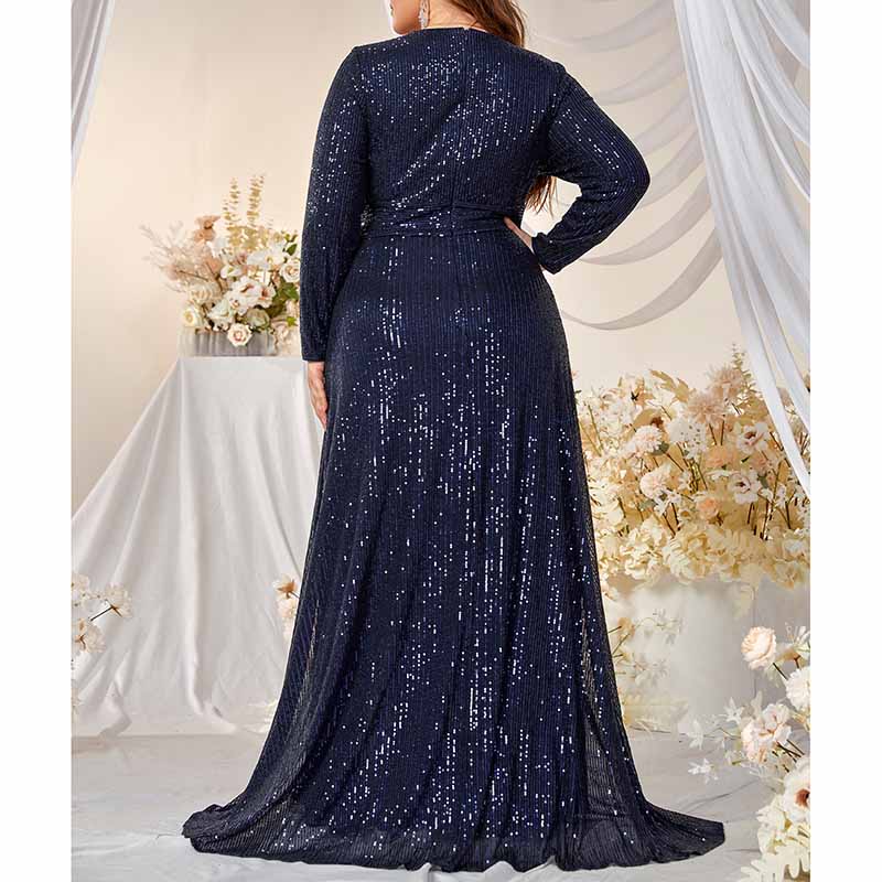 Long Sleeve Prom Dress Navy Blue Sequin V Neck Slipt Maxi Dress – SD
