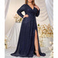 Long Sleeve Prom Dress Navy Blue Sequin V Neck Slipt Maxi Dress