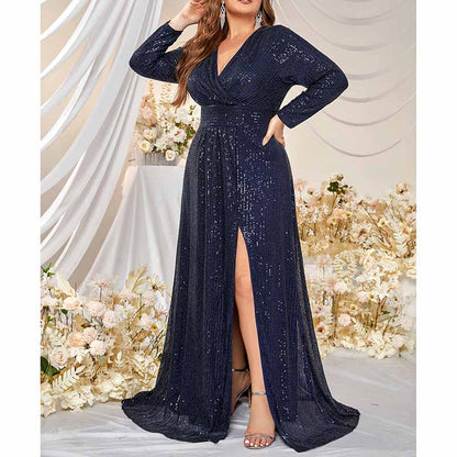Long Sleeve Prom Dress Navy Blue Sequin V Neck Slipt Maxi Dress