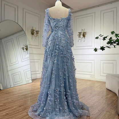 Long Sleeve Floral Tulle Evening Dress Prom Gown for Wedding Banquet