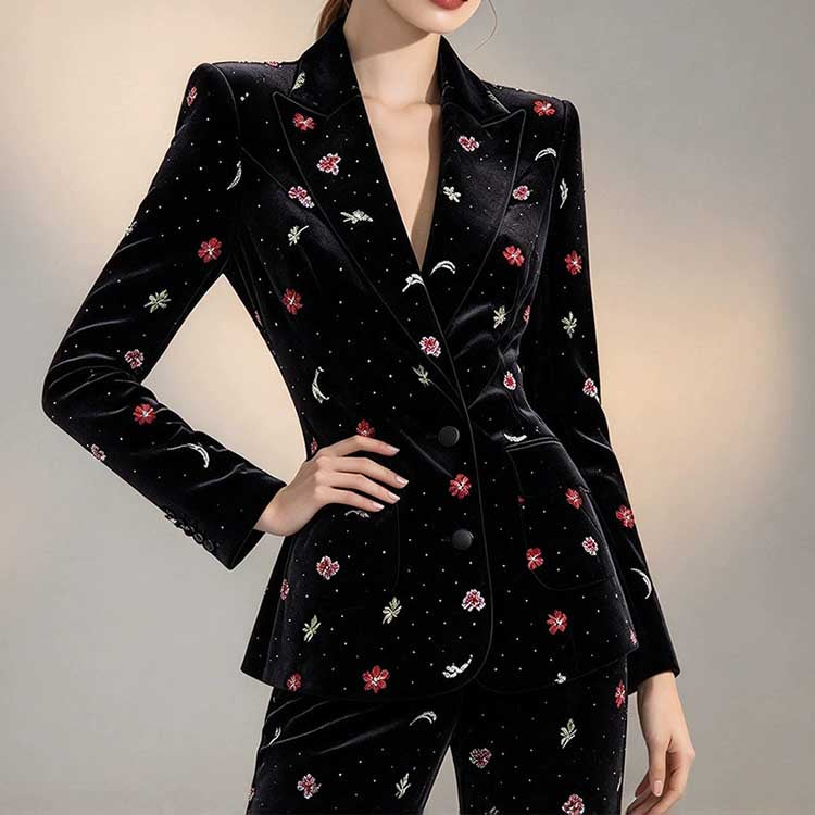 Black Velvet Floral Embroidered Blazer Flared Formal Suit
