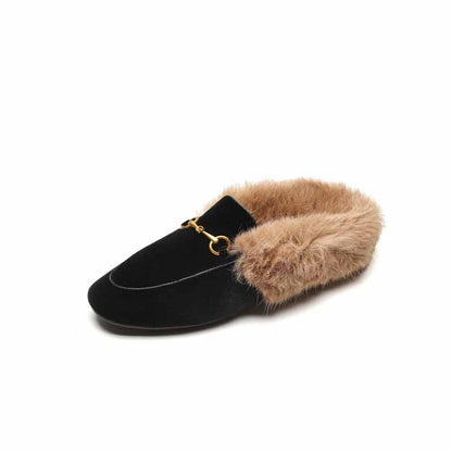 Ladies flat heeled winter shoes lined with rabbit fur slippers