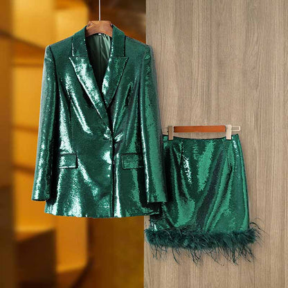 BLING BLING Long Sleeve Blazer and Shorts With Feather Suit Set Sparkly Two Piece Suit