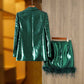 BLING BLING Long Sleeve Blazer and Shorts With Feather Suit Set Sparkly Two Piece Suit