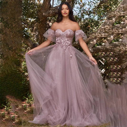 Off Shoulder Evening Gown with High Slit, Sweetheart Neckline Tulle Formal Dress