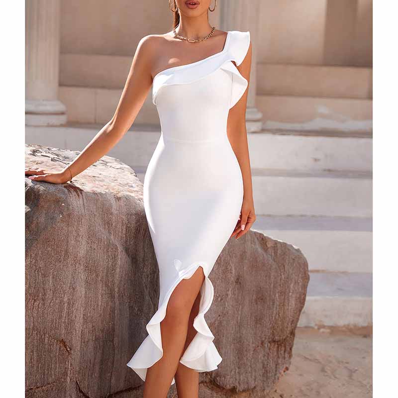 Women White Sheath Dress One Shoulder Scallop Party Dress Body-con Dress
