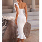 Women White Sheath Dress One Shoulder Scallop Party Dress Body-con Dress