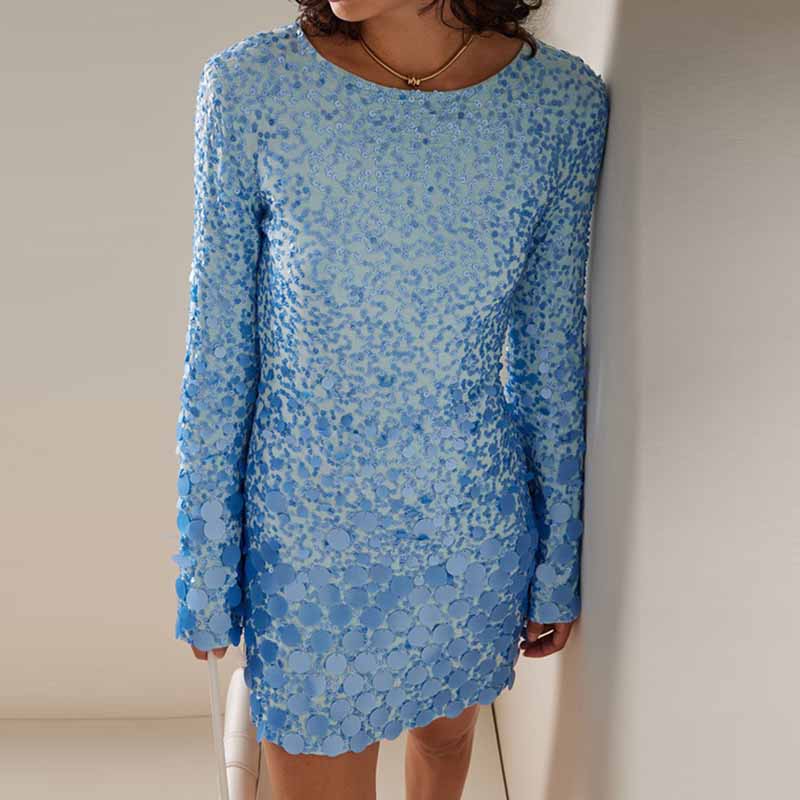 Women Long Sleeve Sky Blue Chiffon Fabric Sequin Mini Dress