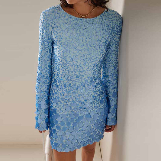 Women Long Sleeve Sky Blue Chiffon Fabric Sequin Mini Dress