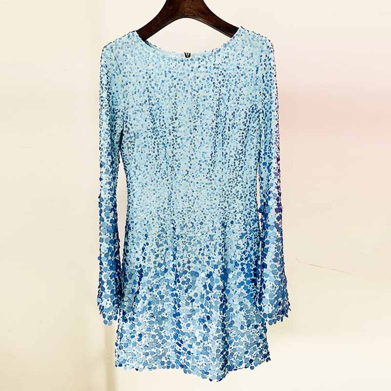 Women Long Sleeve Sky Blue Chiffon Fabric Sequin Mini Dress