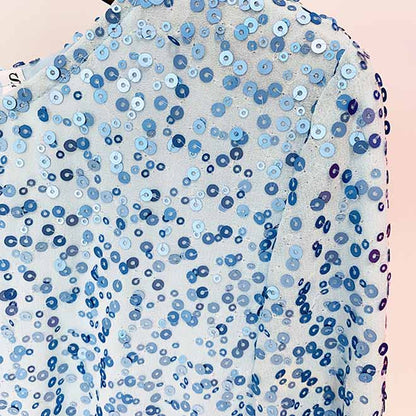 Women Long Sleeve Sky Blue Chiffon Fabric Sequin Mini Dress