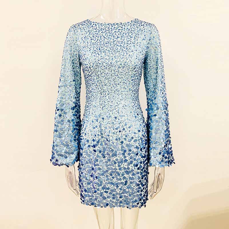 Women Long Sleeve Sky Blue Chiffon Fabric Sequin Mini Dress