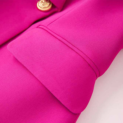 Women Shawl Collar Golden Buttons Blazer + Cropped Pants Trousers Pantsuit Suit Hot Pink