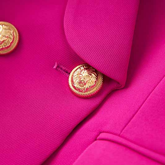 Women Shawl Collar Golden Buttons Blazer + Cropped Pants Trousers Pantsuit Suit Hot Pink