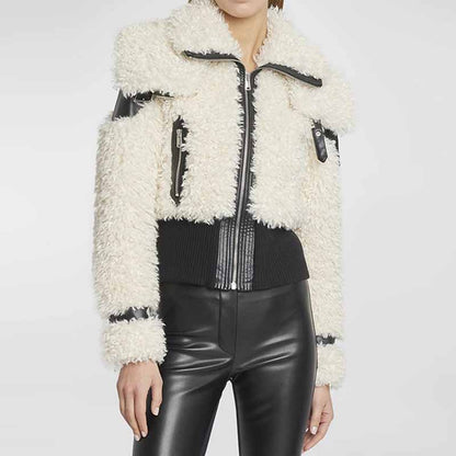 Women's Winter Coat Spliced PU Leather and Lambwoolen Outwaer Coat