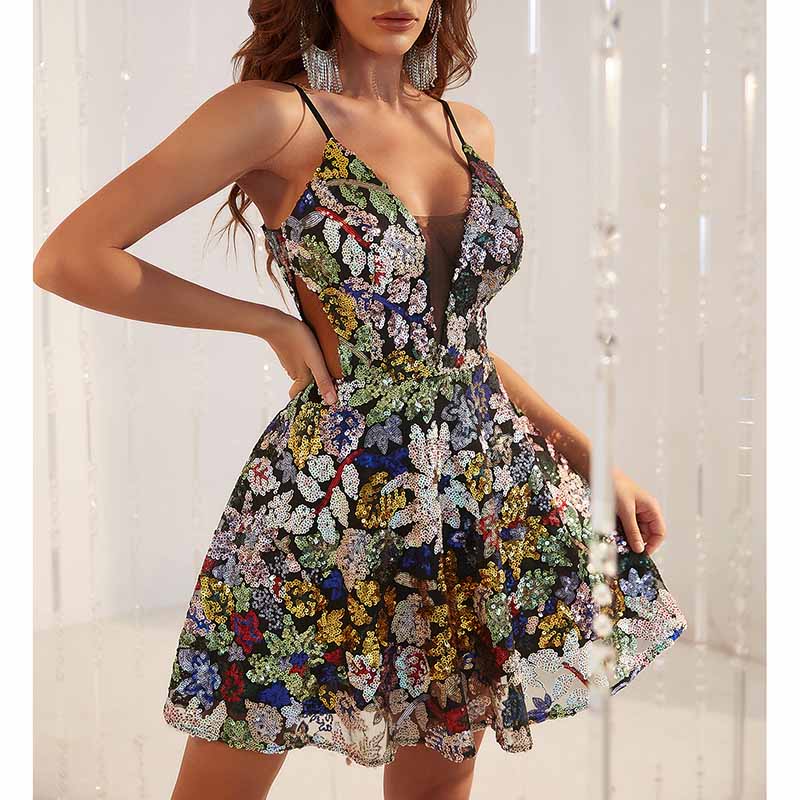 Women's Sleeveless Spaghetti Strap Sequin Cocktail Mini Party Dresses