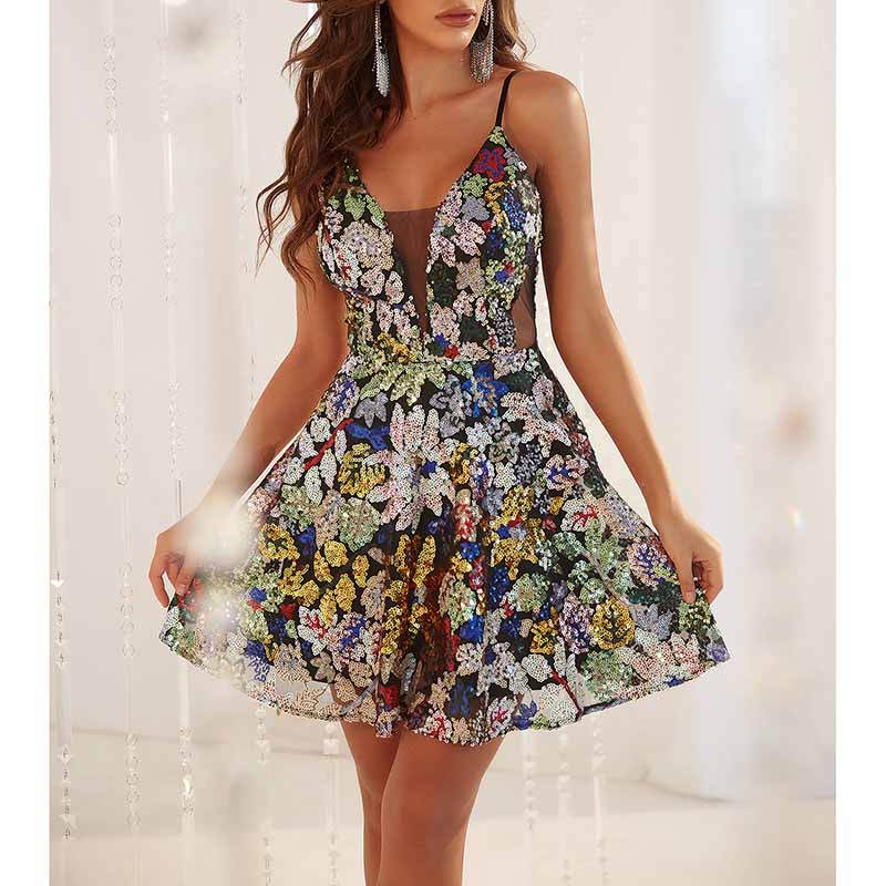 Women's Sleeveless Spaghetti Strap Sequin Cocktail Mini Party Dresses