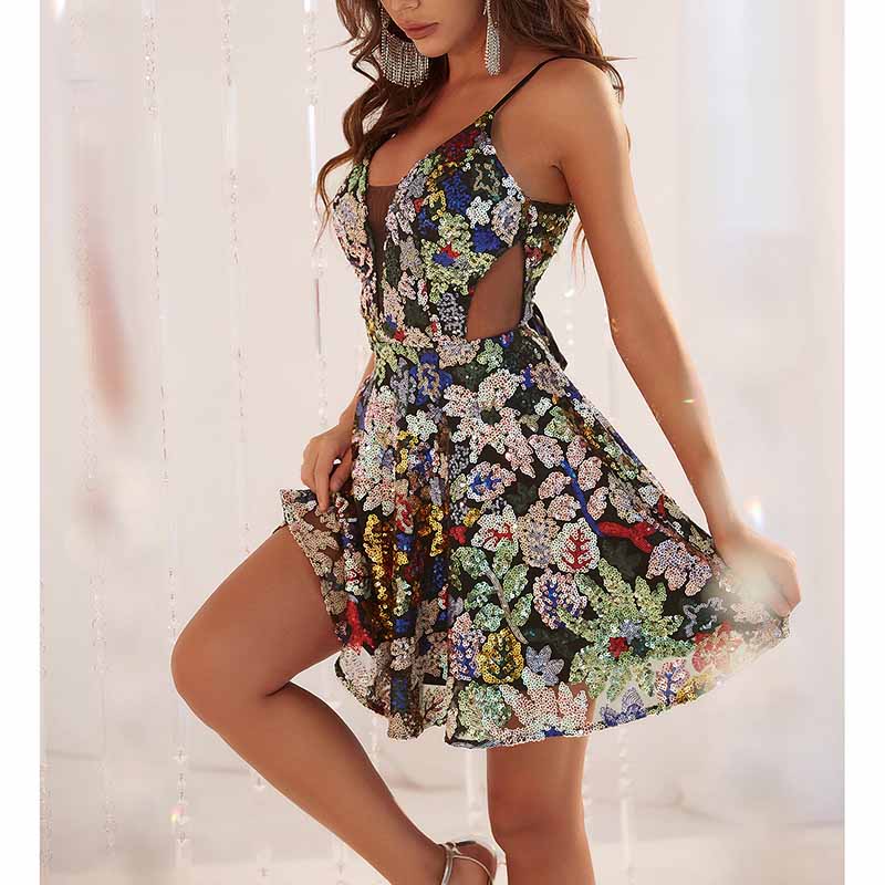 Women's Sleeveless Spaghetti Strap Sequin Cocktail Mini Party Dresses