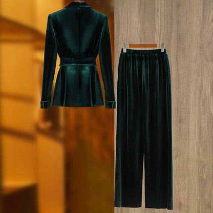 Women's Autumn/Winter Pantsuit Mid length Velvet Suit With Belted Elastic Waist Wide Leg Trouser Set Fashion Two Piece Set