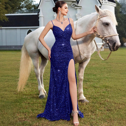 Sequin V-Neck Maxi Dress High Slit Party Gown for Special Events