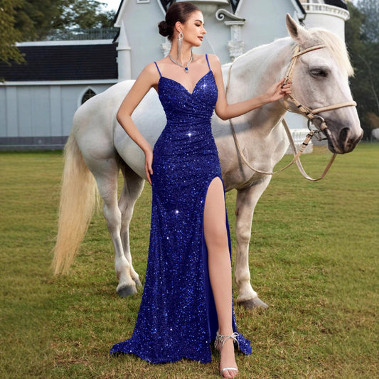 Sequin V-Neck Maxi Dress High Slit Party Gown for Special Events