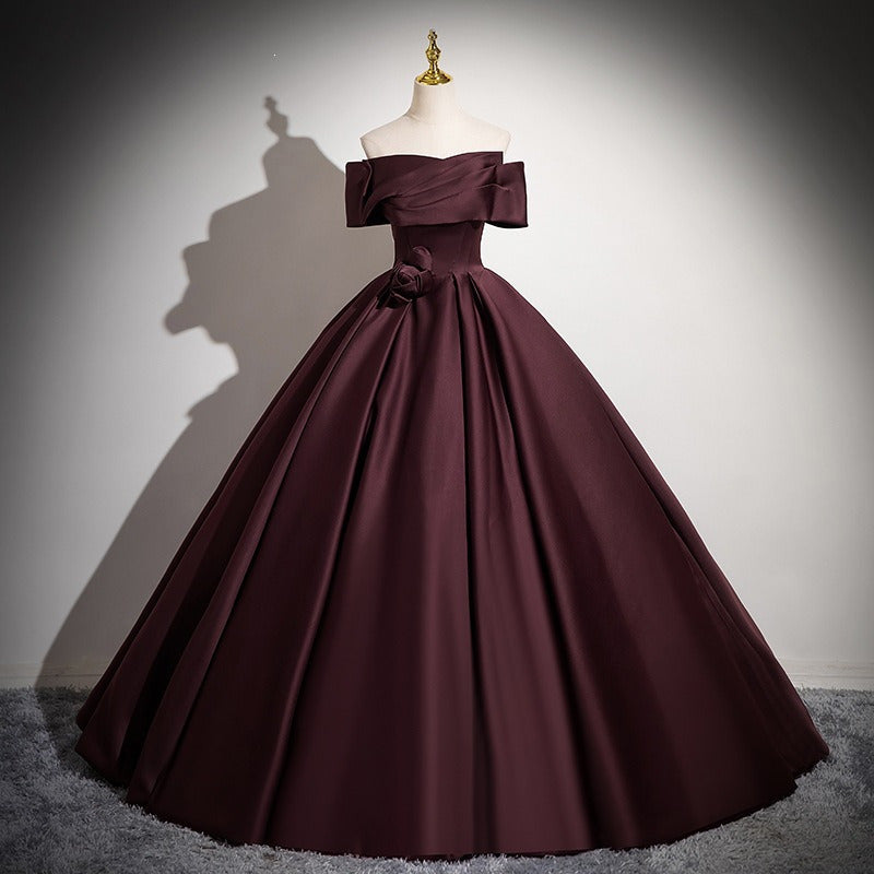 Wine Red Off Shoulder Ball Gown | Satin Prom & Wedding Guest Dress for Formal Events