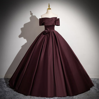 Wine Red Off Shoulder Ball Gown | Satin Prom & Wedding Guest Dress for Formal Events
