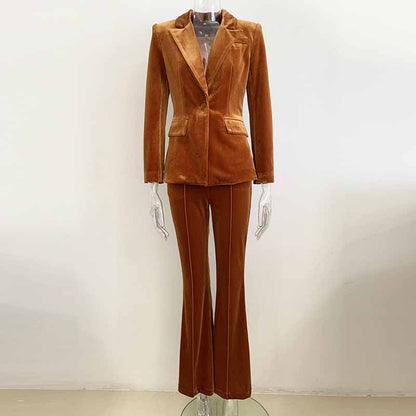 Women Velvet Pantsuit Brown Green Purple Blazer + Mid-High Rise Flare Trousers Pants