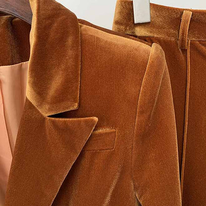 Women Velvet Pantsuit Brown Green Purple Blazer + Mid-High Rise Flare Trousers Pants