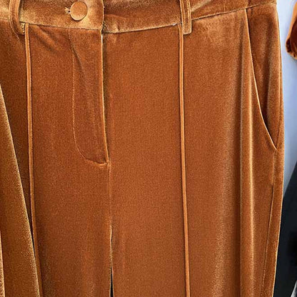 Women Velvet Pantsuit Brown Green Purple Blazer + Mid-High Rise Flare Trousers Pants