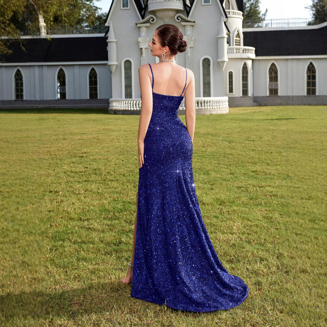 Sequin V-Neck Maxi Dress High Slit Party Gown for Special Events