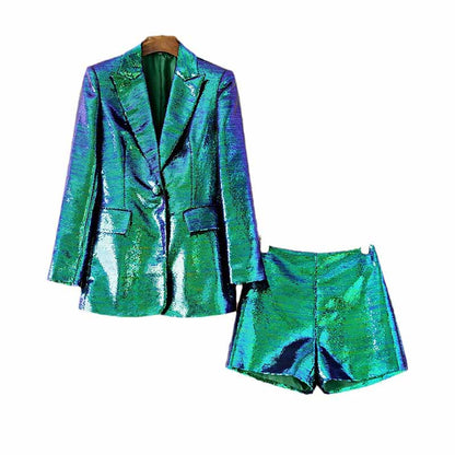 BLING BLING Long Sleeve Blazer and Shorts Suit Set Sparkly Two Piece Suit