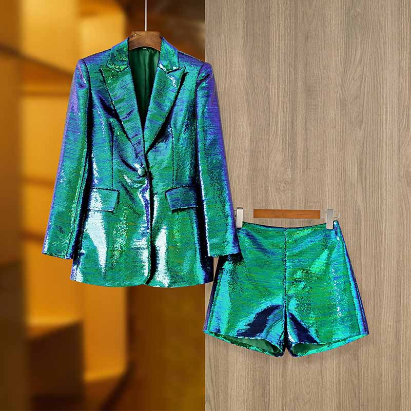 BLING BLING Long Sleeve Blazer and Shorts Suit Set Sparkly Two Piece Suit