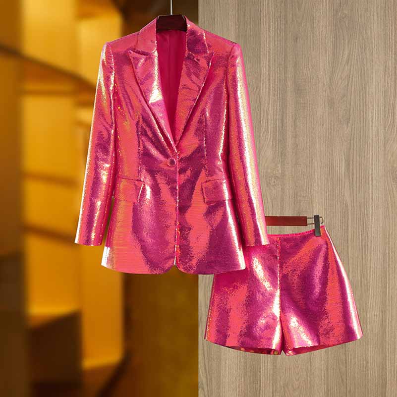 BLING BLING Long Sleeve Blazer and Shorts Suit Set Sparkly Two Piece Suit