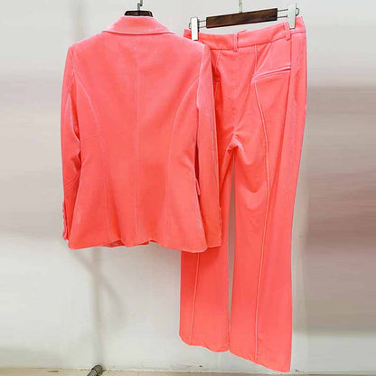 Women Velvet Coral Pantsuit One Button Blazer + Mid-High Rise Flare Trousers Pants Suit, Wedding Suit,