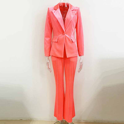 Women Velvet Coral Pantsuit One Button Blazer + Mid-High Rise Flare Trousers Pants Suit, Wedding Suit,
