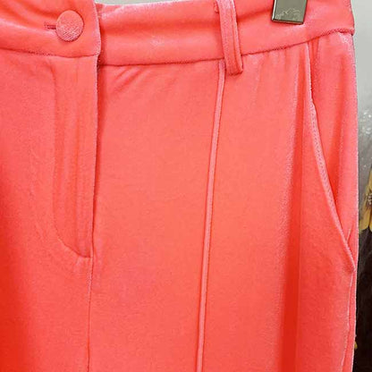 Women Velvet Coral Pantsuit One Button Blazer + Mid-High Rise Flare Trousers Pants Suit, Wedding Suit,