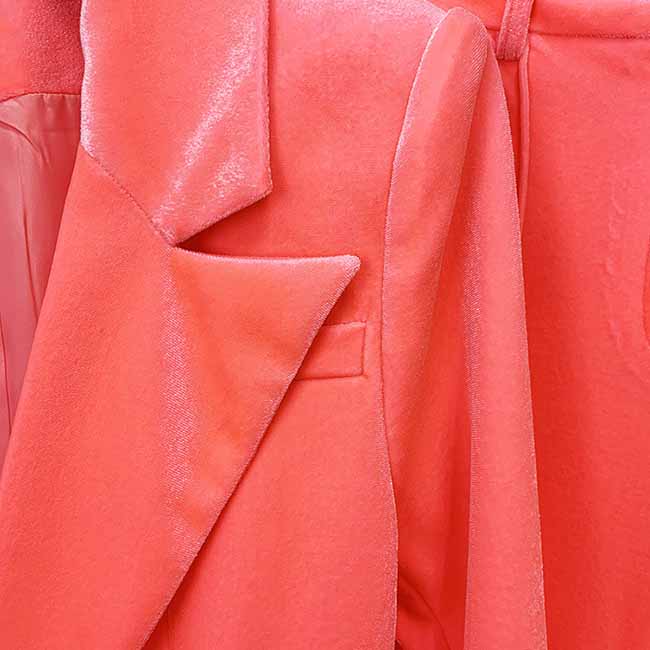 Women Velvet Coral Pantsuit One Button Blazer + Mid-High Rise Flare Trousers Pants Suit, Wedding Suit,