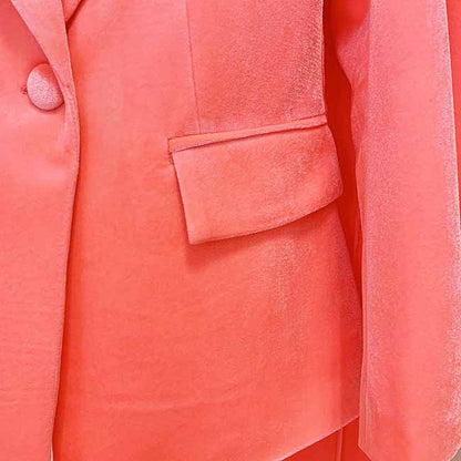 Women Velvet Coral Pantsuit One Button Blazer + Mid-High Rise Flare Trousers Pants Suit, Wedding Suit,