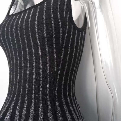 Knitted Mini Little Black Dress Square-Neck Sleeveless Slim Fit Short A-Line Dress