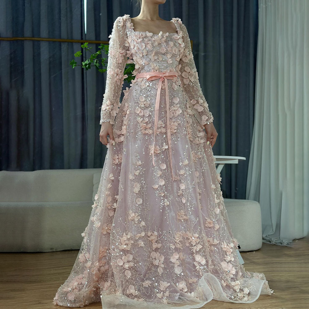 Long Sleeve Floral Tulle Evening Dress Prom Gown for Wedding Banquet