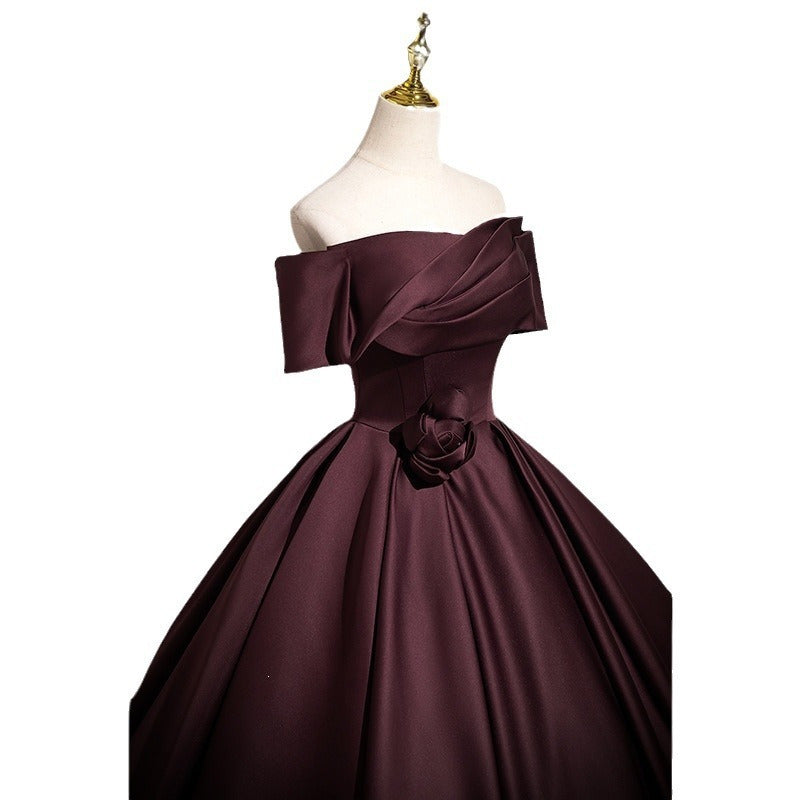 Wine Red Off Shoulder Ball Gown | Satin Prom & Wedding Guest Dress for Formal Events