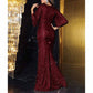 Sequin Burgundy Gown Short Sleeves V Neck Evening Event Dress