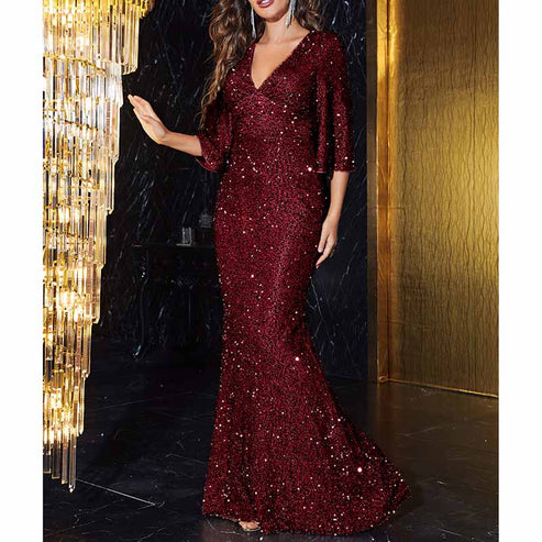 Pretty Burgundy V Neck Chiffon Sequin Beaded Long Evening Dress Birthday Outfits SP882 main image 1