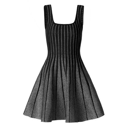 Knitted Mini Little Black Dress Square-Neck Sleeveless Slim Fit Short A-Line Dress