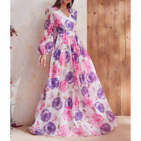 Womens Long Sleeves White and Purple Floral-Printed Maxi Dress